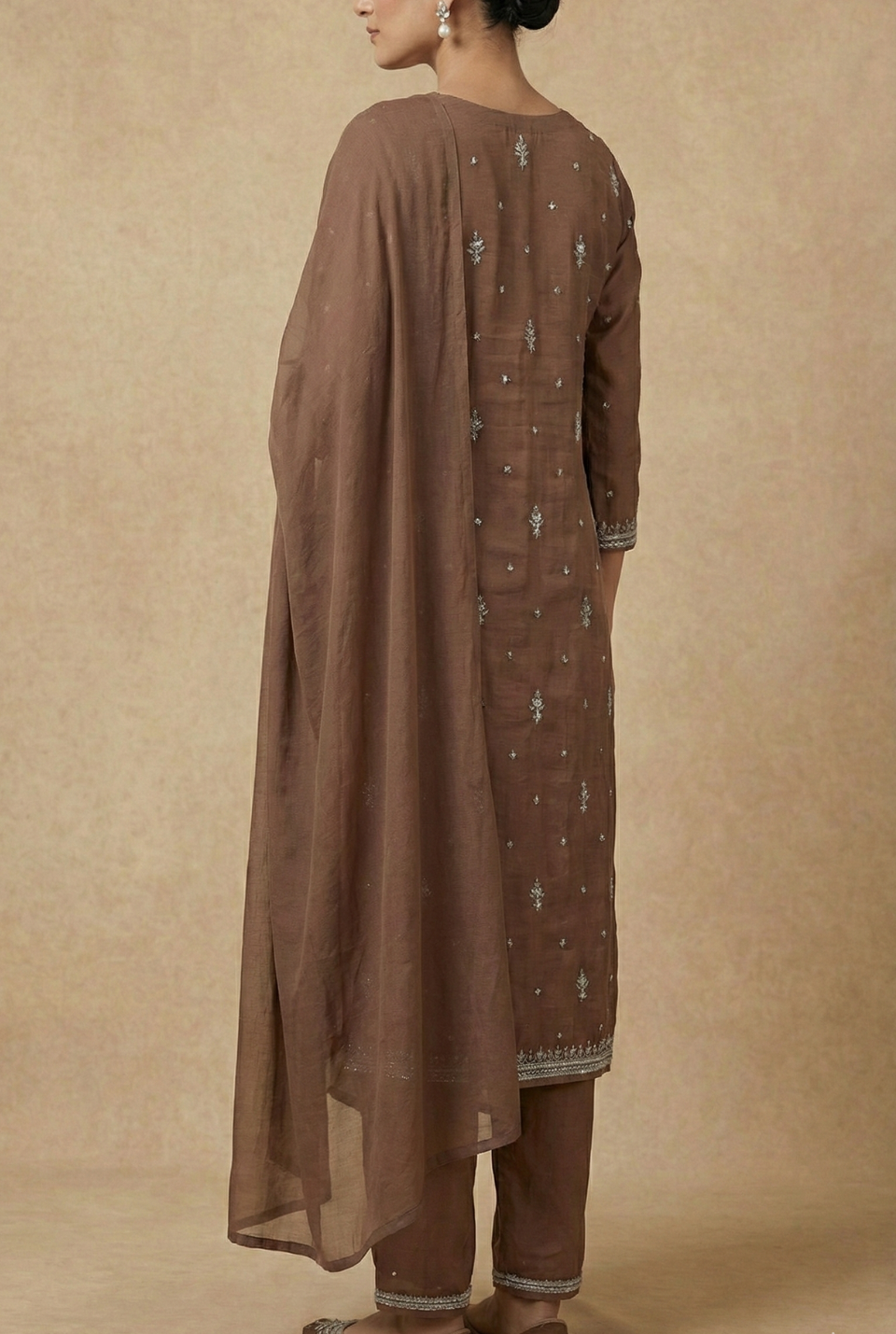 Coffee Chinon Party Wear Suit Set with Handwork & Georgette Dupatta