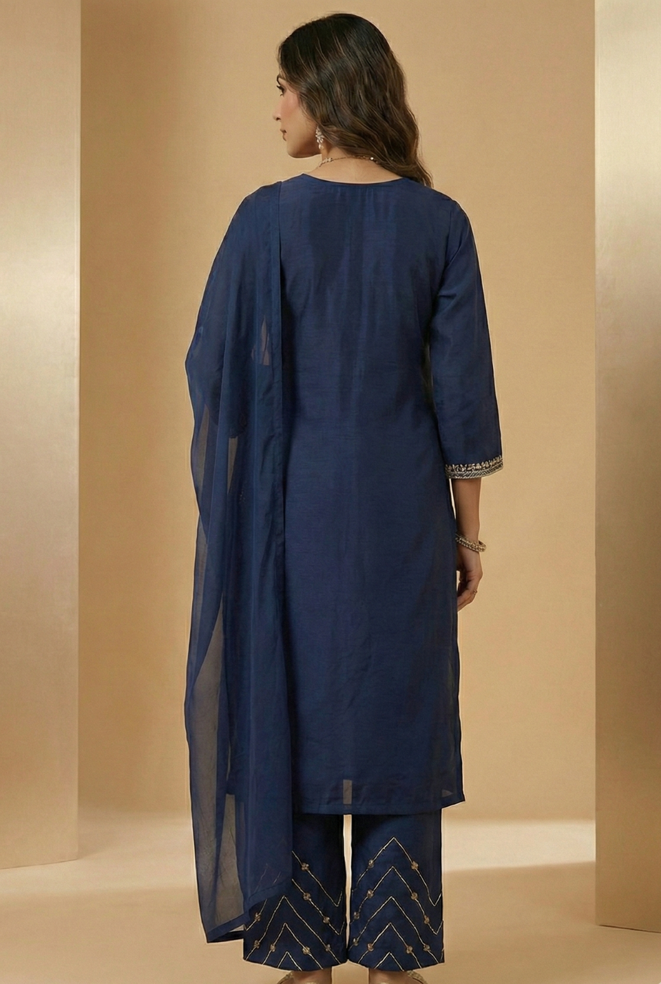 Royal Blue Chinon Party Wear Suit Set with Handwork & Chiffon Dupatta