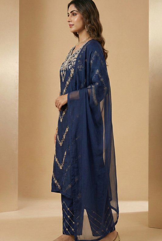 Royal Blue Chinon Party Wear Suit Set with Handwork & Chiffon Dupatta