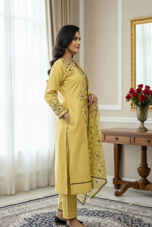 Women’s Cotton Readymade Ethnic Kurta Pant Set with Net Dupatta