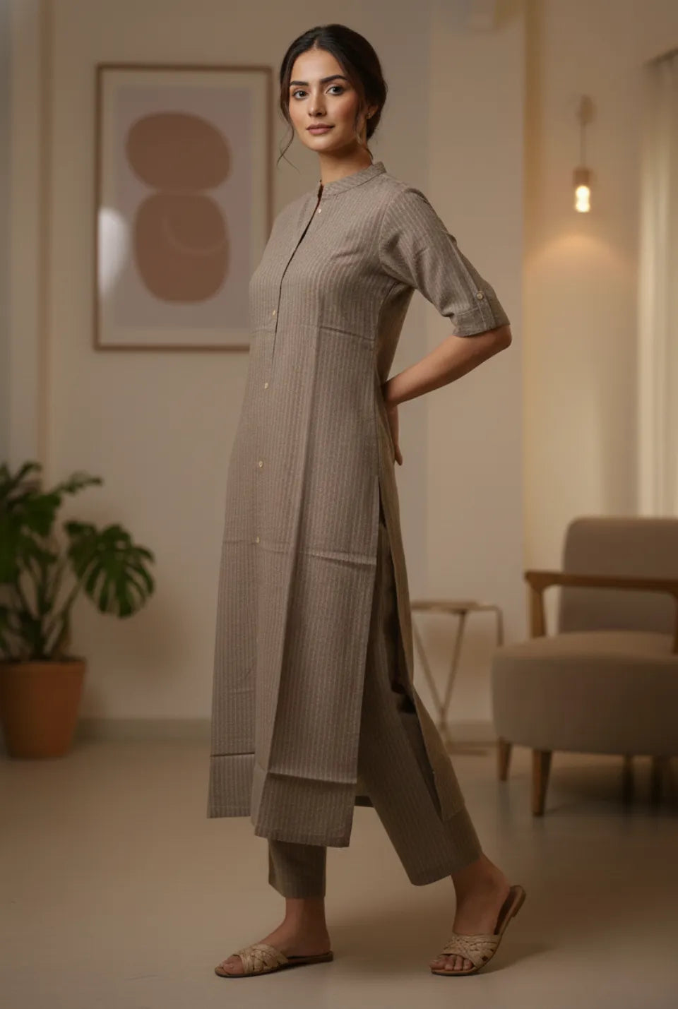 Women’s Pure Katha Cotton Plain Cord Set with Side Pocket