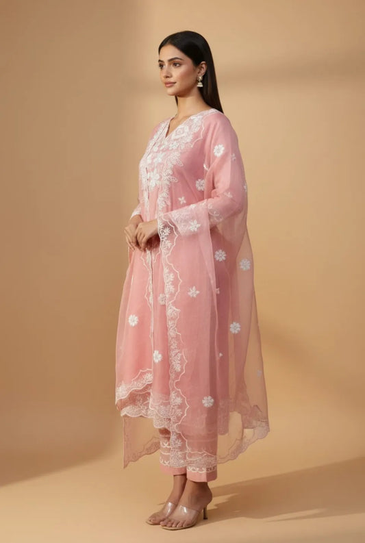 Women’s Peach Cotton Party Wear Kurta Pant Dupatta Set
