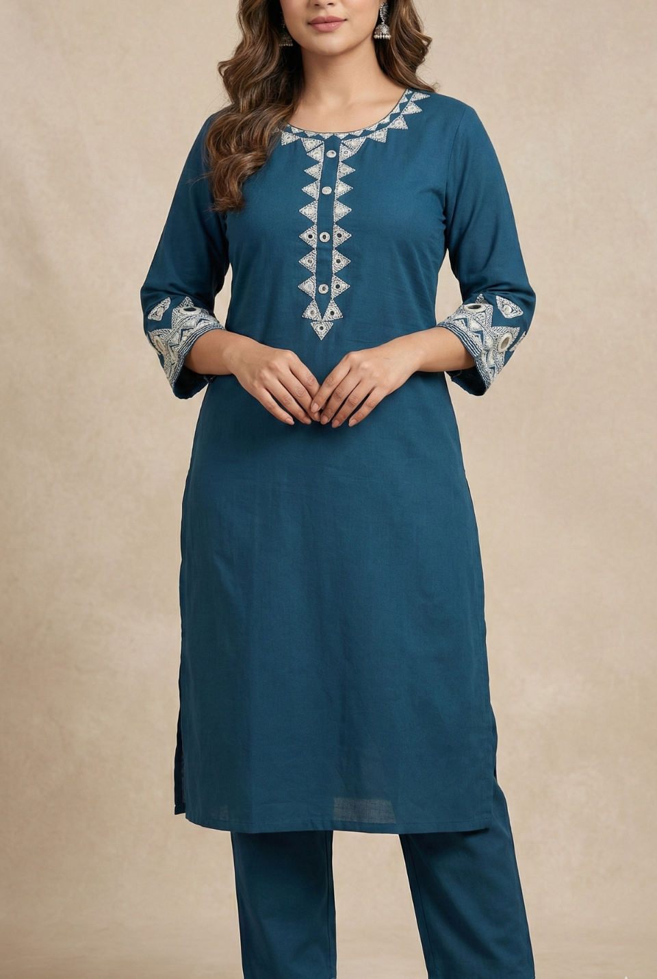 Navy Blue Cotton Cord Set with Neckline Embroidery