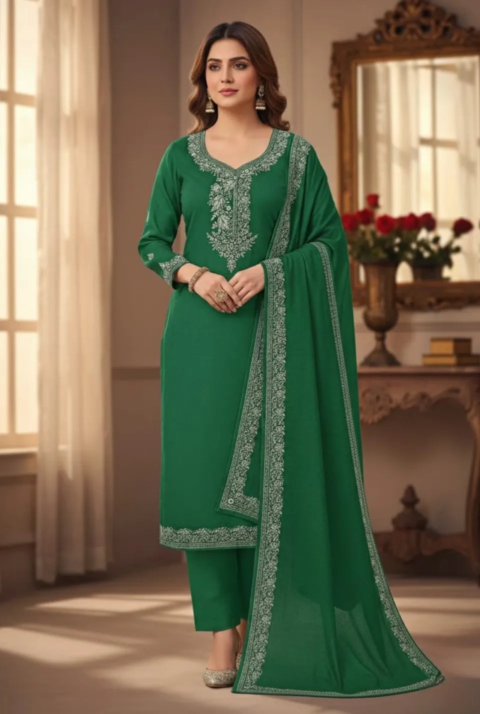 Women’s Pashmina Unstitched Winter Suit Set with Printed Dupatta