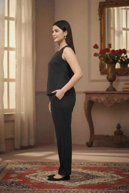Women’s Black Pure Cotton Front-Open Kurta Pant Set with Lace Detail
