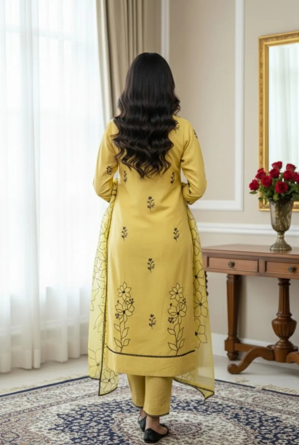 Women’s Cotton Readymade Ethnic Kurta Pant Set with Net Dupatta