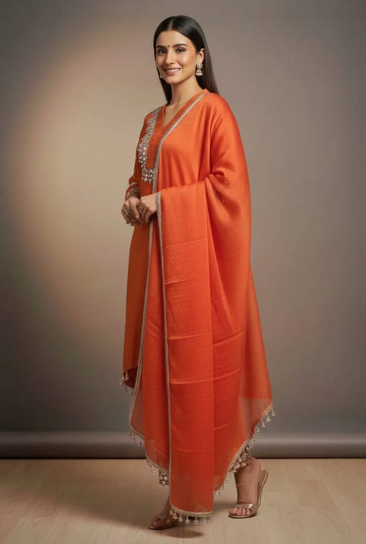 Women’s Rust-Colored Crepe Party Wear Kurta Dhoti Set with Net Dupatta