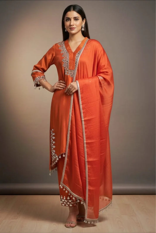 Women’s Rust-Colored Crepe Party Wear Kurta Dhoti Set with Net Dupatta