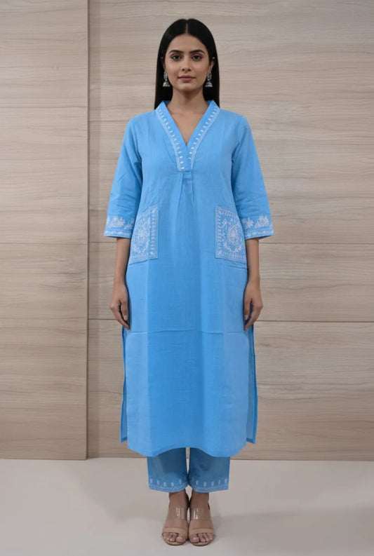 Women’s Sky Blue Cord Set with Embroidered Neckline and Pant – Ethnic Wear