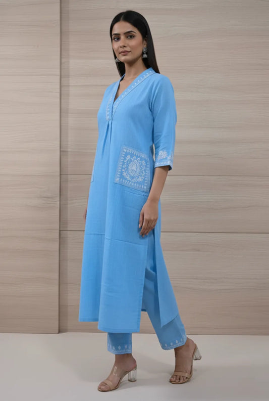 Women’s Sky Blue Cord Set with Embroidered Neckline and Pant – Ethnic Wear
