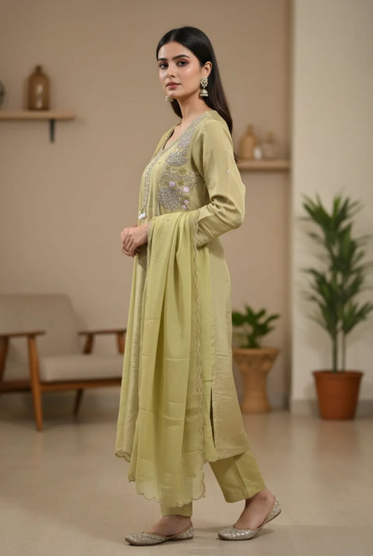 Women’s Green Tissue Party Wear Kurta Pant Dupatta Set