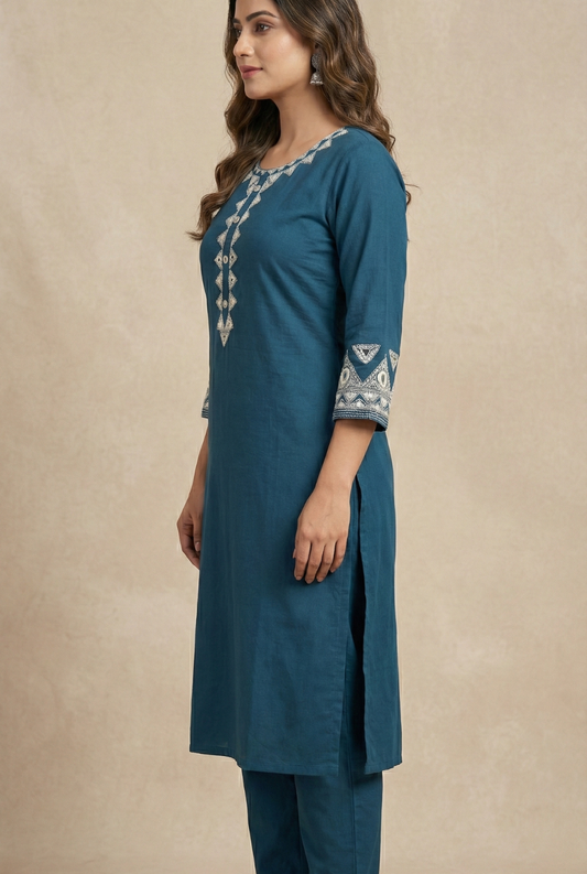 Navy Blue Cotton Cord Set with Neckline Embroidery