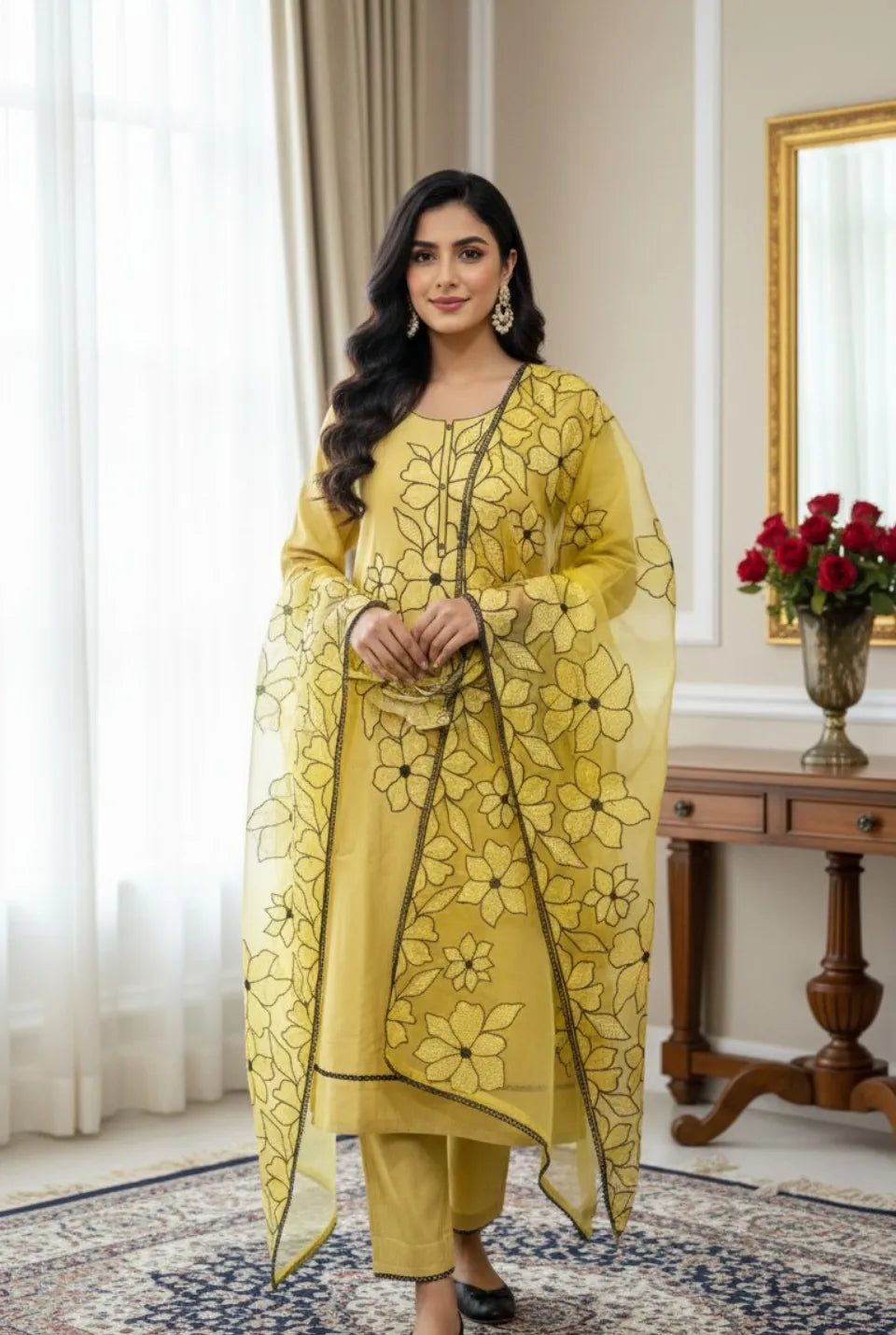 Women’s Cotton Readymade Ethnic Kurta Pant Set with Net Dupatta