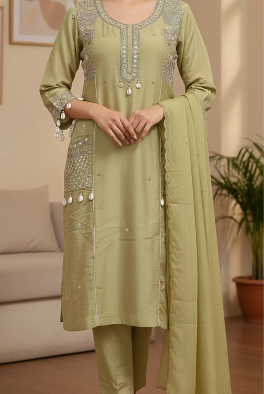 Women’s Green Tissue Party Wear Kurta Pant Dupatta Set
