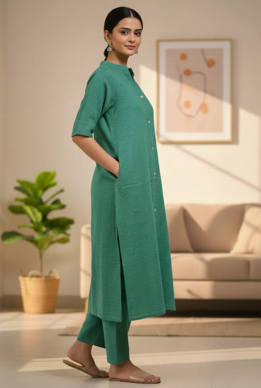 Women’s Pure Katha Cotton Plain Cord Set with Side Pocket