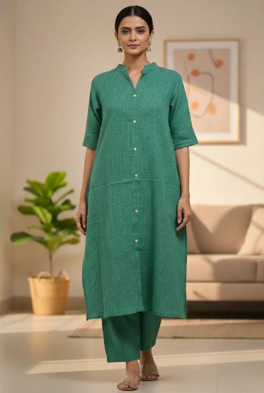 Women’s Pure Katha Cotton Plain Cord Set with Side Pocket