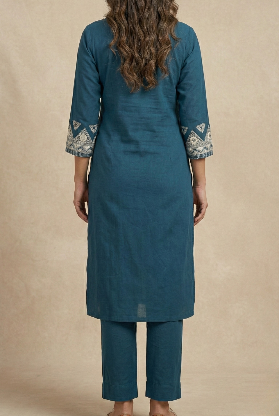 Navy Blue Cotton Cord Set with Neckline Embroidery