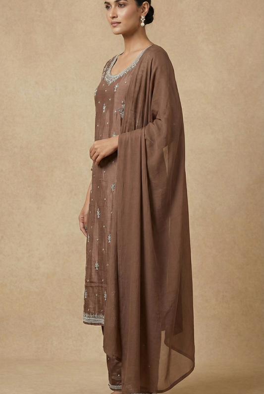 Coffee Chinon Party Wear Suit Set with Handwork & Georgette Dupatta