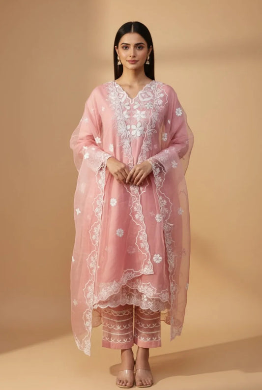 Women’s Peach Cotton Party Wear Kurta Pant Dupatta Set