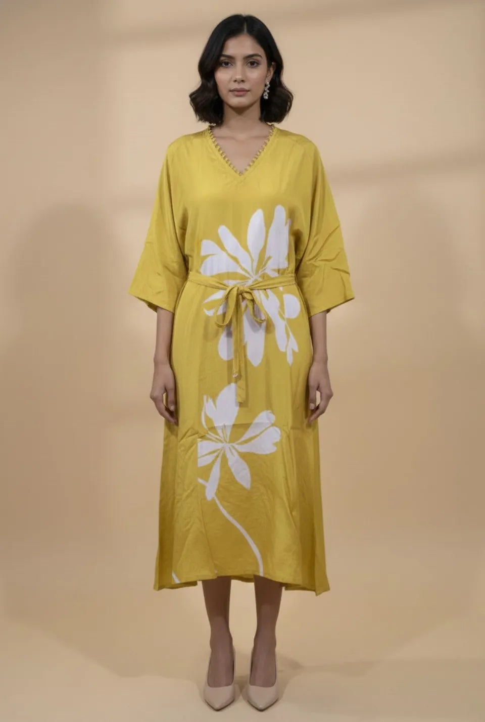 Women’s Mustard Crepe Mid-Length One-Piece Dress