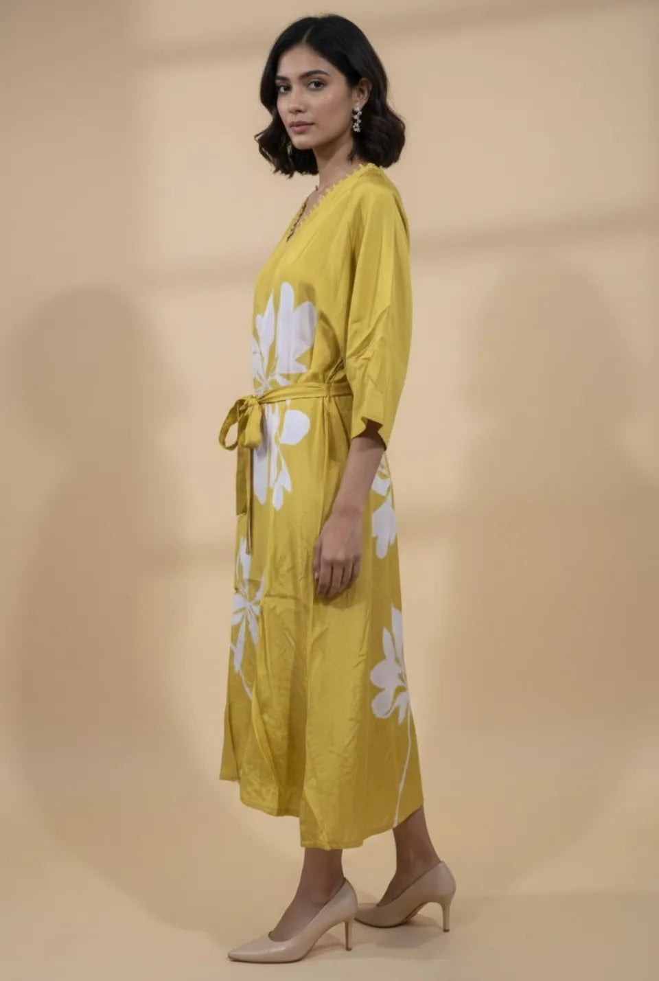 Women’s Mustard Crepe Mid-Length One-Piece Dress