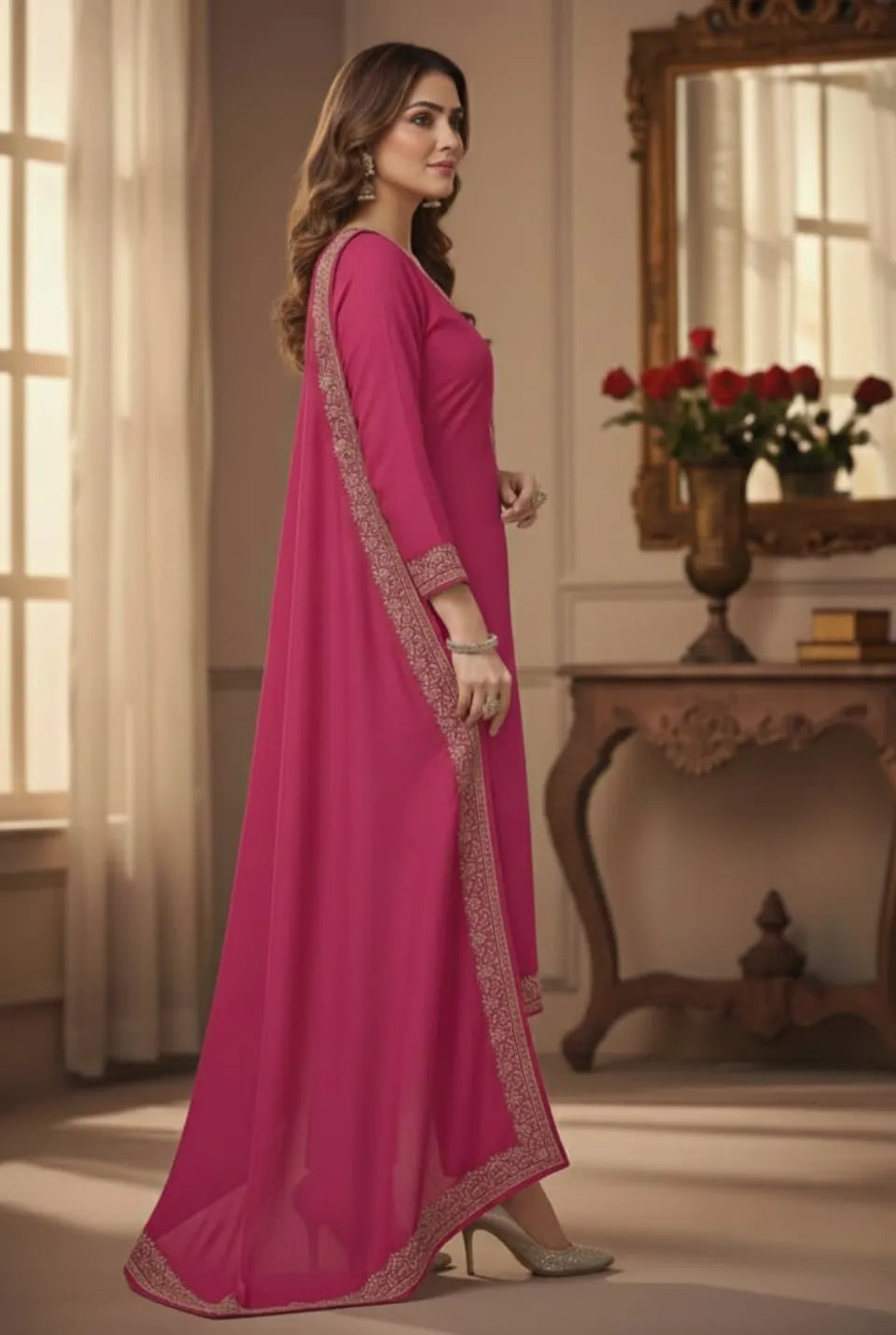 Women’s Pashmina Unstitched Winter Suit Set with Printed Dupatta