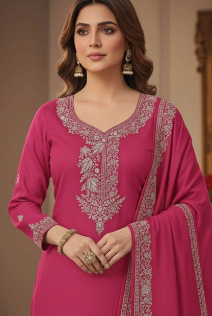 Women’s Pashmina Unstitched Winter Suit Set with Printed Dupatta