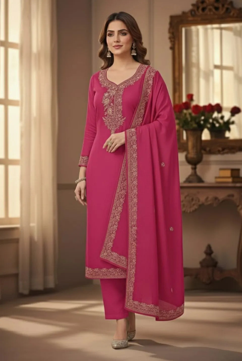 Women’s Pashmina Unstitched Winter Suit Set with Printed Dupatta