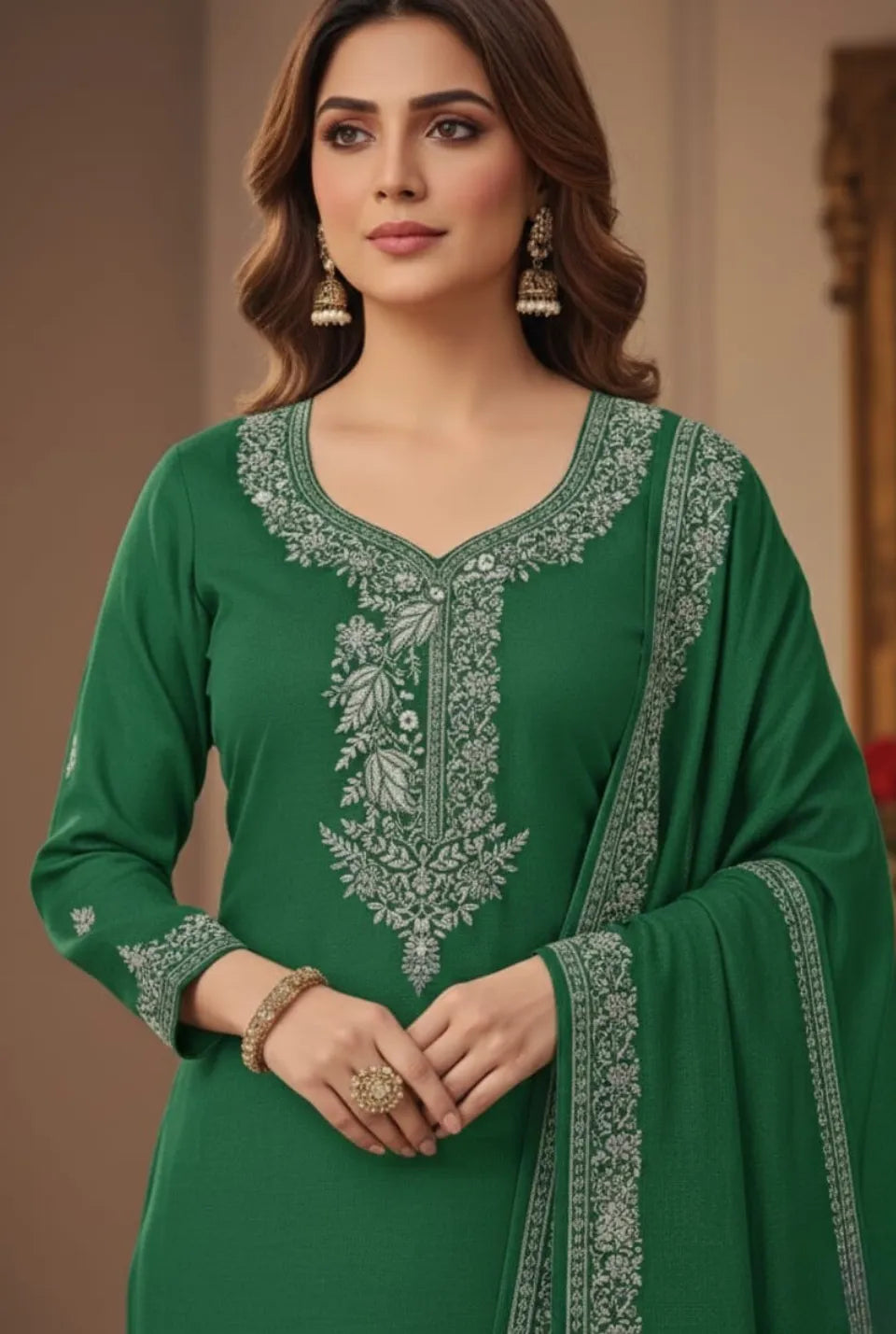 Women’s Pashmina Unstitched Winter Suit Set with Printed Dupatta