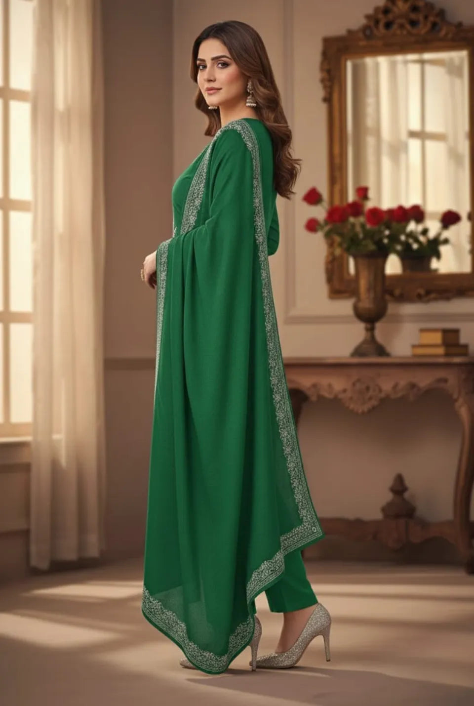 Women’s Pashmina Unstitched Winter Suit Set with Printed Dupatta