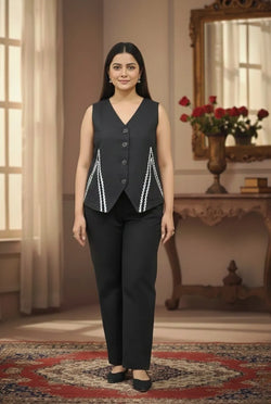 Women’s Black Pure Cotton Front-Open Kurta Pant Set with Lace Detail